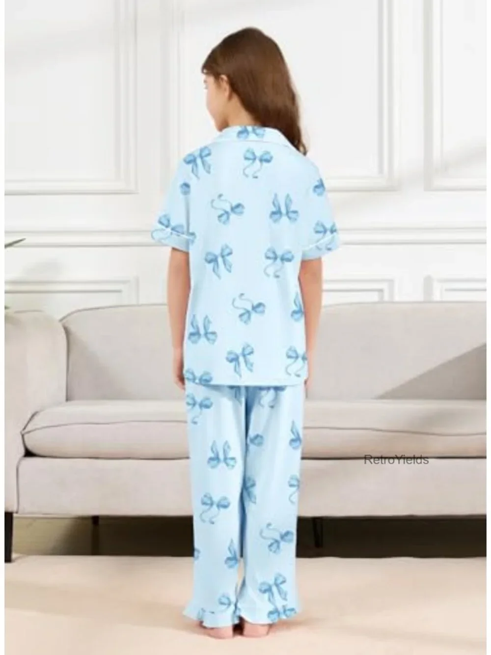 Girls Pajama Set 2-Piece Short Sleeve Button Down Top with Ruffle Pants